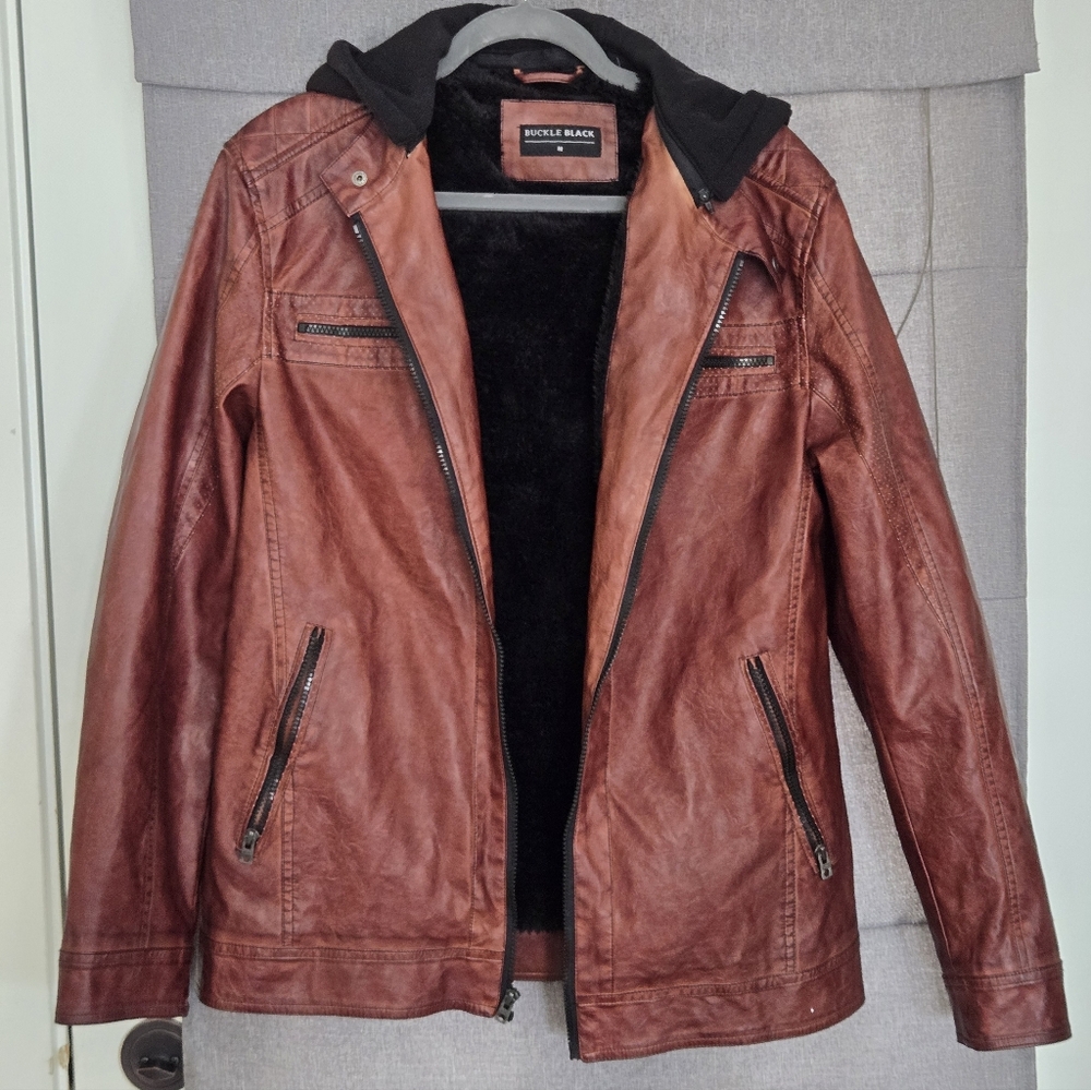 Buckle Black Label Faux Leather Moto Jacket Size M Hooded Fleece Lined